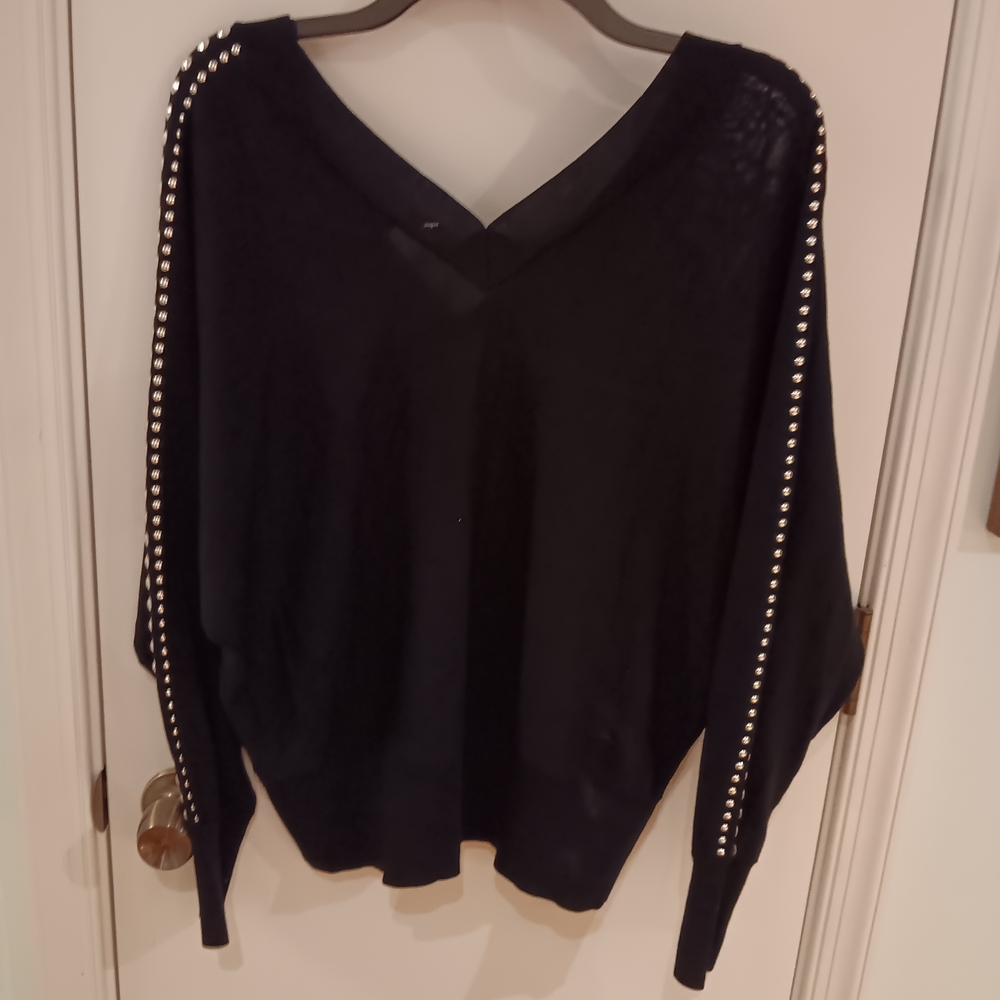 INC International Concepts Black V-Neck Sweater with Silver Stud Trim